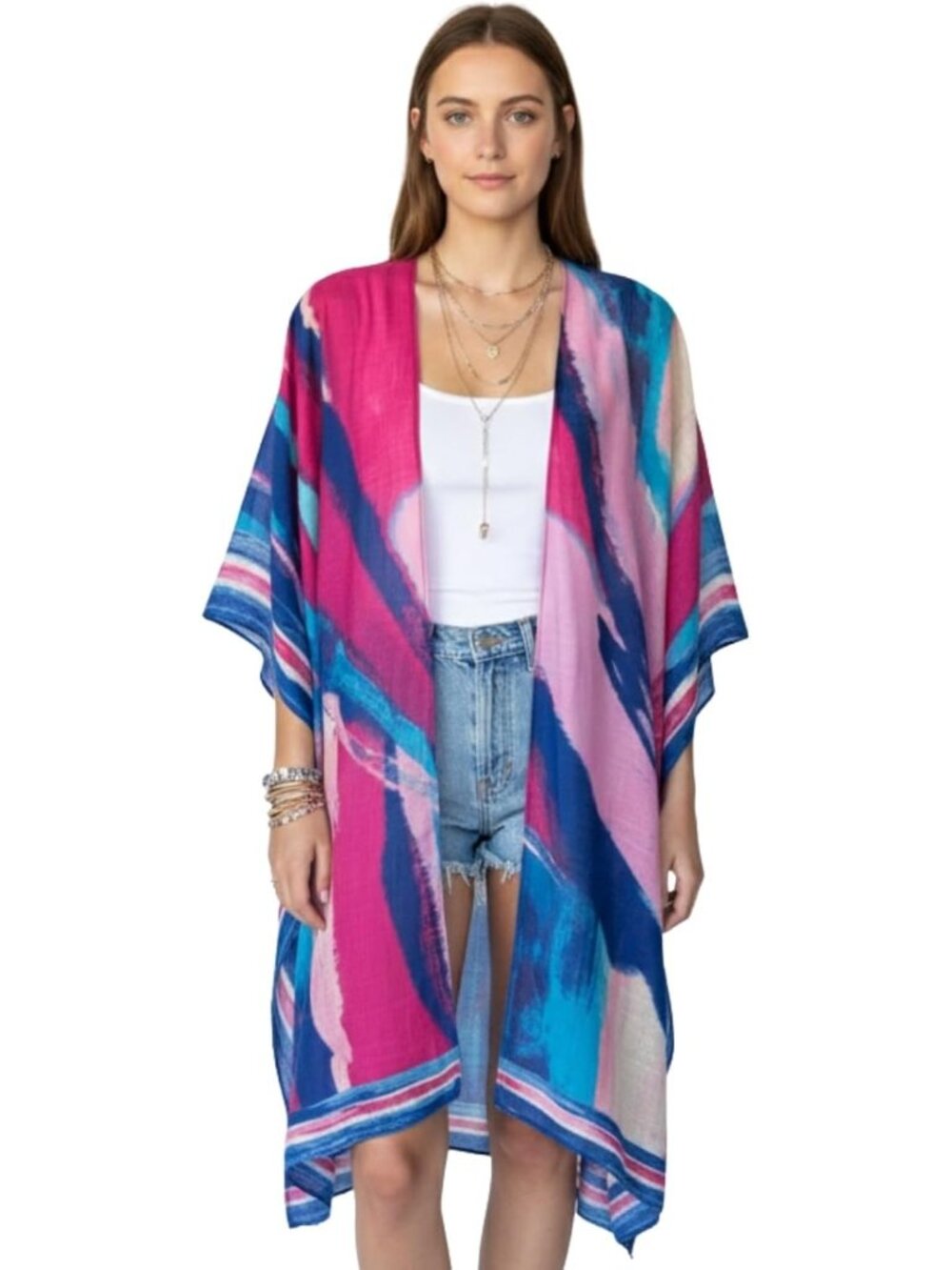 Women Rz Azure Blush Viscose Summer Lightweight Boho Kimono Cardigan Cover ups